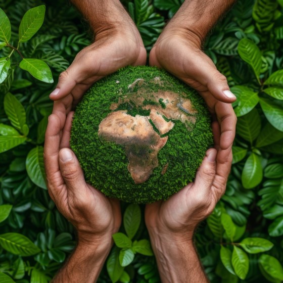 Cuatro manos sosteniendo una esfera de pasto con la imagen de un planisferio de agua. De fondo, hojas verdes.