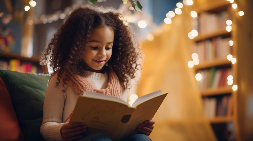 niña con rulos sonríe mientras lee. De fondo de ven luces que iluminan la imagen.